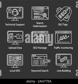 SEO chalk icons set. Technical support, search optimization, SEO tags and package, upload data, traffic monitoring, geolocation, keyword search, link Stock Vector
