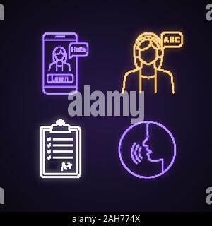 Foreign language learning neon light icons set. Educational app, listening, test, pronunciation. Glowing signs. Vector isolated illustrations Stock Vector