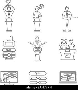 Quiz show linear icons set. Intellectual game questions, podiums, buzzer systems, players, pub quiz, online and studio games, winners, losers. Isolate Stock Vector