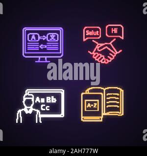 Foreign language learning neon light icons set. Translation, language for business, native speaker, books. Glowing signs. Vector isolated illustration Stock Vector