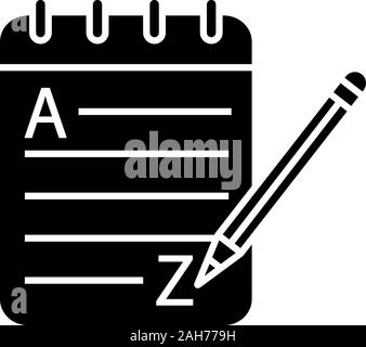Grammar and writing glyph icon. Basic language skills. Foreign language learning. Taking notes. Notepad with pencil. Silhouette symbol. Negative space Stock Vector