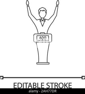 Quiz show win linear icon. Winner of intellectual game. Thin line illustration. Man standing at game show podium with high score. Contestant at buzzer Stock Vector