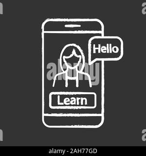 Foreign language learning app chalk icon. Online language lessons. Speaking practice with smartphone app. Educational program. E-learning. Online educ Stock Vector