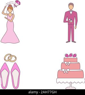 Wedding planning color icons set. Bridegroom throwing bouquet, bridegroom, wedding accessories, engagement cake. Isolated vector illustrations Stock Vector