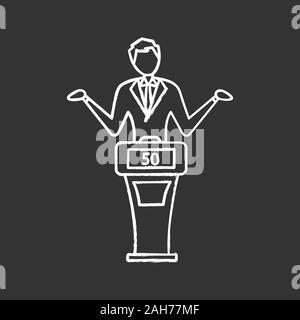 Quiz show fail chalk icon. Loser player of intellectual game. Man standing at game show podium with low score. Contestant at buzzer system. Trivia con Stock Vector
