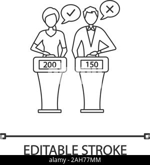 Quiz show linear icon. Thin line illustration. Players of intellectual game answering questions. Contestants of quiz game pressing button standing at Stock Vector