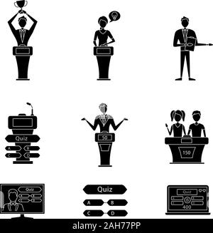 Quiz show glyph icons set. Intellectual game questions, podiums, buzzer systems, players, pub quiz, online and studio games, winners, losers. Silhouet Stock Vector