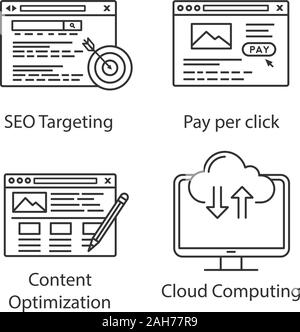 SEO linear icons set. Targeted advertising, pay per click, content editing, cloud computing. Thin line contour symbols. Isolated vector outline illust Stock Vector