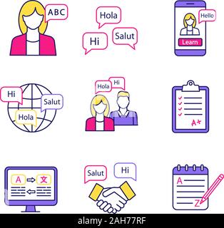 Foreign language learning color icons set. Teacher, foreign language courses, app, practice, test, translation, business communication, grammar. Isola Stock Vector