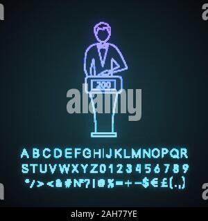 Quiz show player neon light icon. Intellectual game contestant. Man standing at game show podium with buzzer system. Trivia contest. Glowing alphabet, Stock Vector