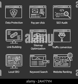 SEO chalk icons set. Data protection, pay per click, audit, link building, sitemap, traffic conversion, local SEO, keyword search, website ranking. Is Stock Vector