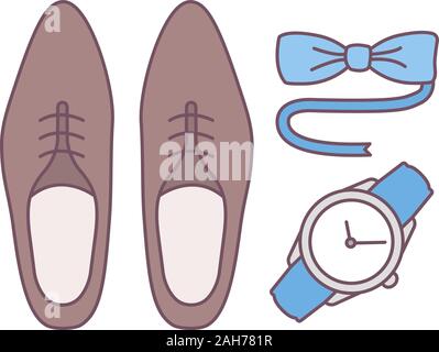 Mens accessories color icon. Dress code. Menswear. Men'€™s style and fashion. Shoes, wristwatch and tuxedo bow tie. Isolated vector illustration Stock Vector