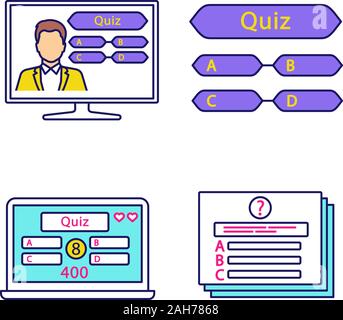 Quiz show color icons set. Intellectual game question, online and TV quiz. Isolated vector illustrations Stock Vector