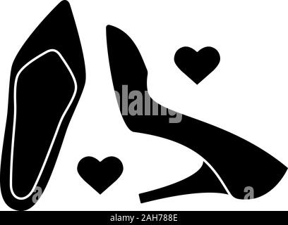 Wedding accessories glyph icon. Women dress code. High heel shoes and hearts. Wedding agency. Silhouette symbol. Negative space. Vector isolated illus Stock Vector