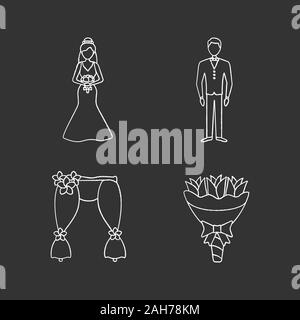 Wedding planning chalk icons set. Bride and bridegroom, wedding floral arch, bouquet. Isolated vector chalkboard illustrations Stock Vector