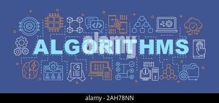 Algorithms word concepts banner. Programming. Data structure and mining. Machine learning. Coding. Presentation. Isolated lettering typography with li Stock Vector
