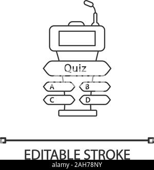 Quiz game buzzer linear icon. Quiz show questions. Thin line illustration. Game show podium. Podium, tribune, stand for intellectual event. Vector iso Stock Vector