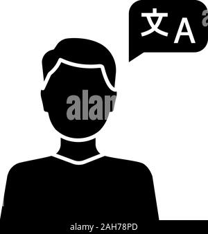 Foreign language skills glyph icon. Language proficiency level. Communication skills. Linguistic proficiency. Native speaker. Silhouette symbol. Negat Stock Vector