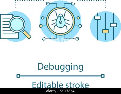 Debugging concept icon. Computer virus idea thin line illustration. Software problems, errors fixing. Programming. Bugs report. Vector isolated outlin Stock Vector