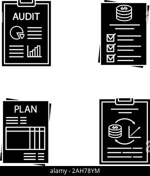 Audit glyph icons set. Auditor's report, budget, performance audit, business plan. Silhouette symbols. Vector isolated illustration Stock Vector