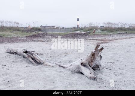 Lighthouse at foggy morning, Tybee island, USA Stock Photo