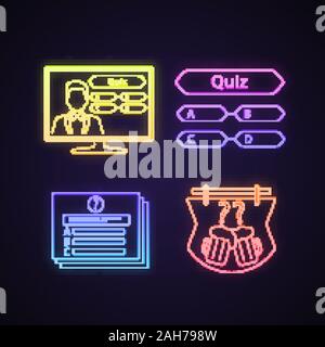 Quiz show neon light icons set. Intellectual game question, TV and pub quiz. Glowing signs. Vector isolated illustrations Stock Vector