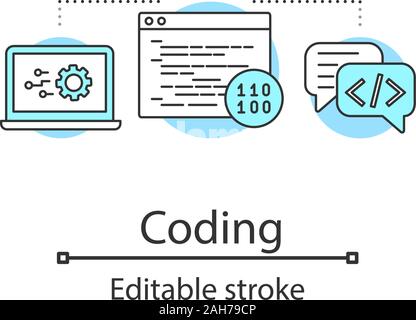 Coding concept icon. Programming. App, software, web development. Computer science idea thin line illustration. Custom coding. Vector isolated outline Stock Vector