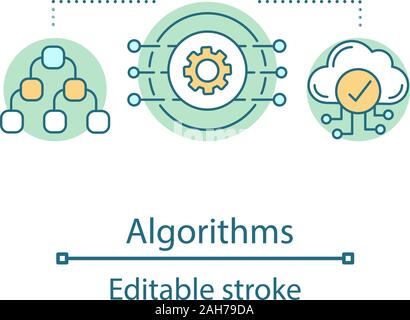 Algorithms concept icon. Machine learning. Programming. Data structure and mining. Network. Cloud computing. Digital technology idea thin line illustr Stock Vector