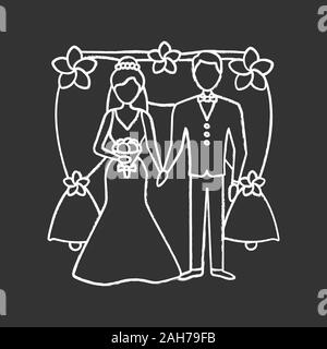 Bride and bridegroom chalk icon. Wedding arch photozone.Newlywed. Just married couple.  Fiance, fiancee. Wedding agency. Isolated vector chalkboard il Stock Vector