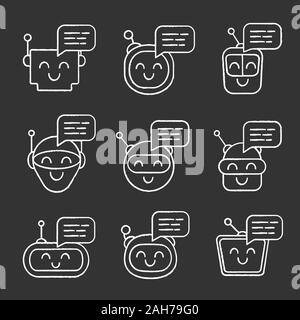 Chatbots messages chalk icons set. Talkbots. Laughing virtual assistants. Conversational agents. Modern robots. Isolated vector chalkboard illustratio Stock Vector