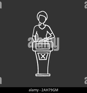 Quiz show fail chalk icon. Wrong answer. Player of intellectual game. Woman answering question at quiz show stand with buzzer system. Contestant. Triv Stock Vector