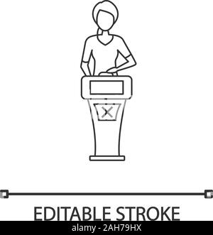 Quiz show fail linear icon. Wrong answer. Thin line illustration. Player of intellectual game. Woman answering question at quiz show stand with buzzer Stock Vector