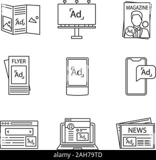 Advertising channels linear icons set. Brochure, billboard, magazine, brochure, street lightbox, mobile, internet marketing, blogging, newspaper. Isol Stock Vector