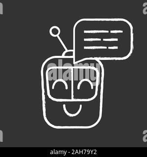 Chatbot message chalk icon. Talkbot. Modern robot. Square head laughing chat bot. Virtual assistant. Conversational agent. Isolated vector chalkboard Stock Vector