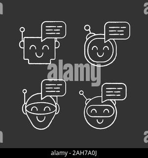 Chatbots messages chalk icons set. Talkbots. Laughing virtual assistants. Conversational agents. Modern robots. Isolated vector chalkboard illustratio Stock Vector