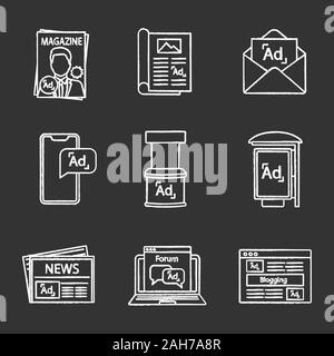 Advertising channels chalk icons set. Magazine, article, mail marketing, mobile ads, promo stand, bus stop advertising, newspaper, forum, blogging. Is Stock Vector