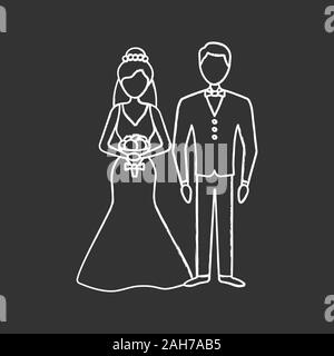 Bride and bridegroom chalk icon. Wedding ceremony. Newlywed. Just married couple.  Fiance, fiancee. Wedding agency. Isolated vector chalkboard illustr Stock Vector