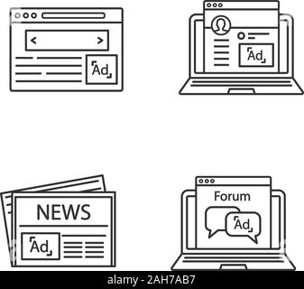 Advertising channels linear icons set. Internet marketing, social media ads, newspaper, forum. Thin line contour symbols. Isolated vector outline illu Stock Vector