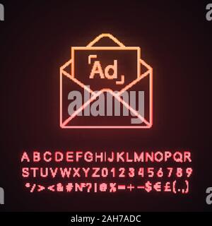 Targeted email marketing neon light icon. Mail advertising. E-mail announcement. Email ads letter. Newsletter. Internet marketing strategy. Mass maili Stock Vector
