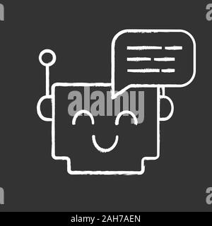 Chatbot message chalk icon. Talkbot. Modern robot. Square head laughing chat bot. Virtual assistant. Conversational agent. Isolated vector chalkboard Stock Vector