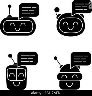 Chatbots messages glyph icons set. Talkbots. Laughing virtual assistants. Conversational agents. Modern robots. Silhouette symbols. Vector isolated il Stock Vector