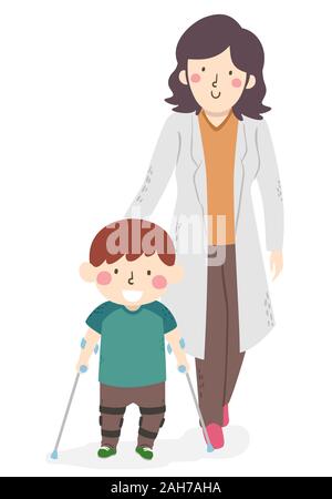 Illustration of a Kid Boy Walking with Leg Brace and Cane with the Help of a Therapist Stock Photo