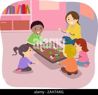 Illustration of Stickman Kids with Girl Teacher Doing an Earthquake Experiment in School Stock Photo