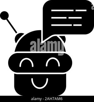 Chatbot message glyph icon. Talkbot. Modern robot. Android laughing chat bot. Virtual assistant. Conversational agent. Silhouette symbol. Negative spa Stock Vector