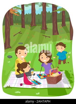 Illustration of Stickman Family Eating and Having a Picnic in the Woods or Forest Stock Photo