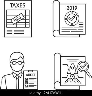 Audit linear icons set. Taxes return, annual report, auditor, project audit. Thin line contour symbols. Isolated vector outline illustrations. Editabl Stock Vector