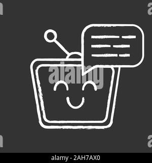 Chatbot message chalk icon. Talkbot. Modern robot. TV laughing chat bot. Virtual assistant. Conversational agent. Isolated vector chalkboard illustrat Stock Vector