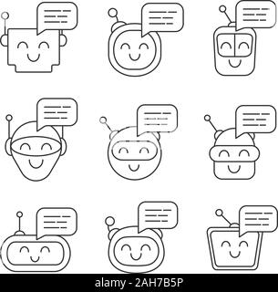 Chatbots messages linear icons set. Talkbots. Laughing virtual assistants. Conversational agents. Modern robots. Thin line contour symbols. Isolated v Stock Vector