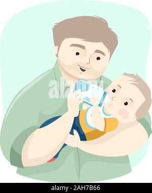 Illustration of a Man Carrying His Son and Feeding Him a Bottle of Milk. A Father with a Kid Boy Stock Photo