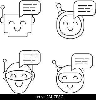 Chatbots messages linear icons set. Talkbots. Laughing virtual assistants. Conversational agents. Modern robots. Thin line contour symbols. Isolated v Stock Vector